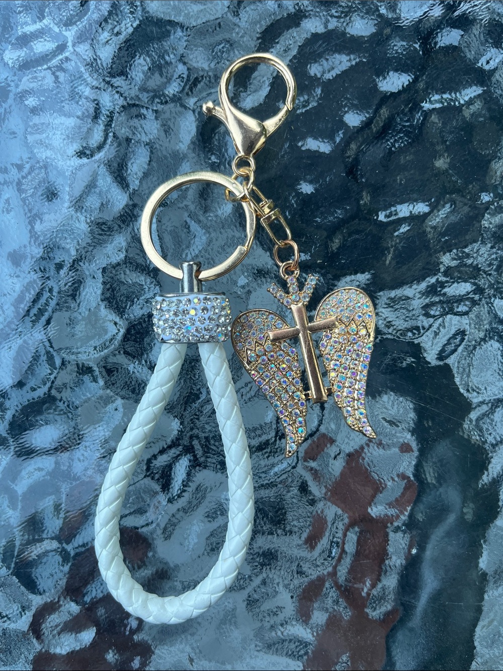 Gold Crystal Angel Wings Keychain with White Braided Loop